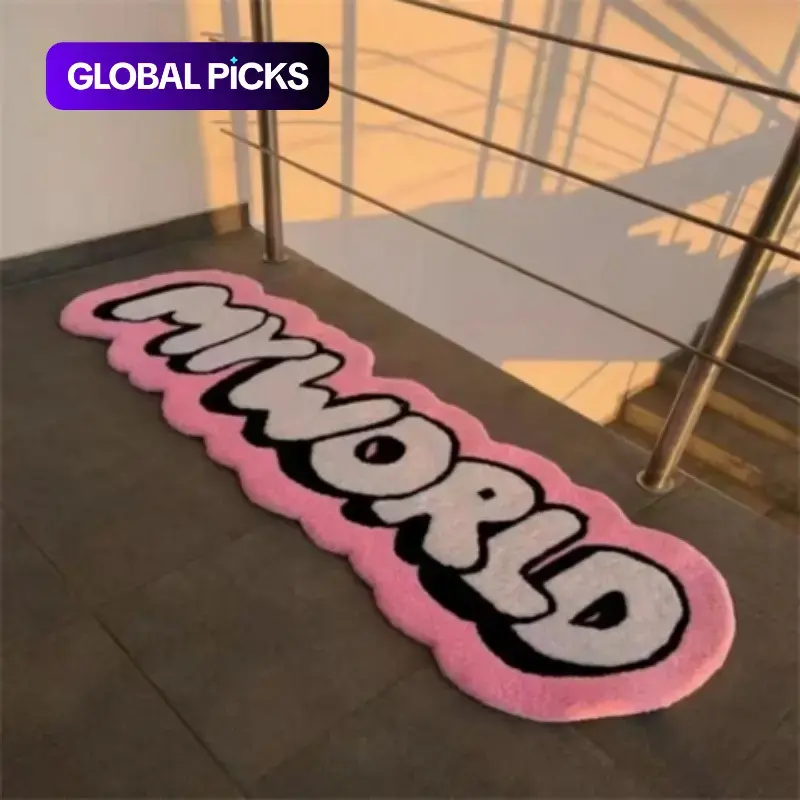 Pink Girly Bedroom Decor Plush Carpet Fluffy Bedroom Decorative Rug: Trendy Personalized MY WORLD Letter Runner Rug for Living Room & Bedside, Modern Minimalist Mat for Lounge & Cloakroom, Home Decorative Rug #GLOBAL PICKS