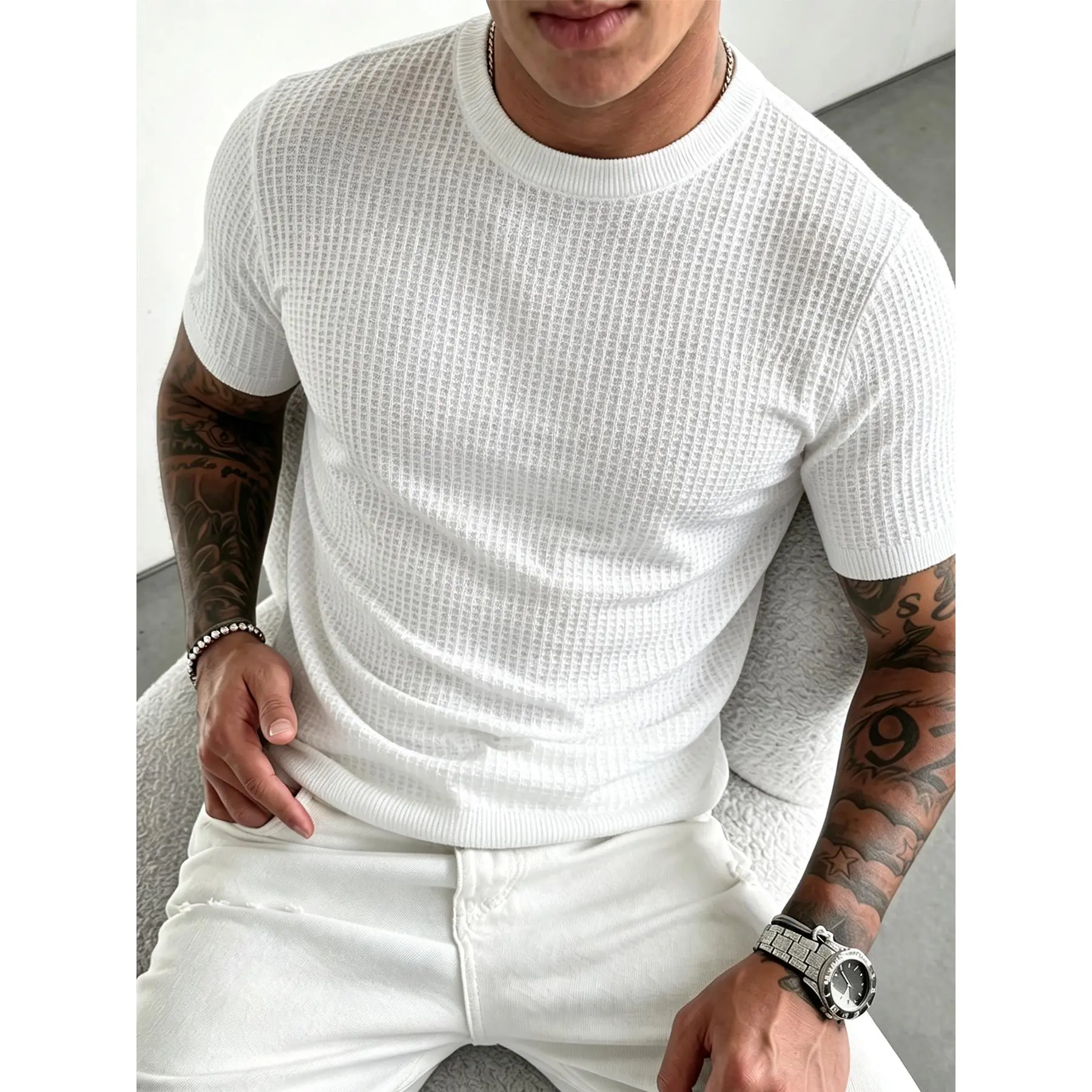 Breathable waffle knit crew neck short sleeve tee with ribbed trim on collar and cuffs, lightweight textured stretch fabric slim tailored silhouette minimalist basic top staple for casual daily modern mensfashion styling