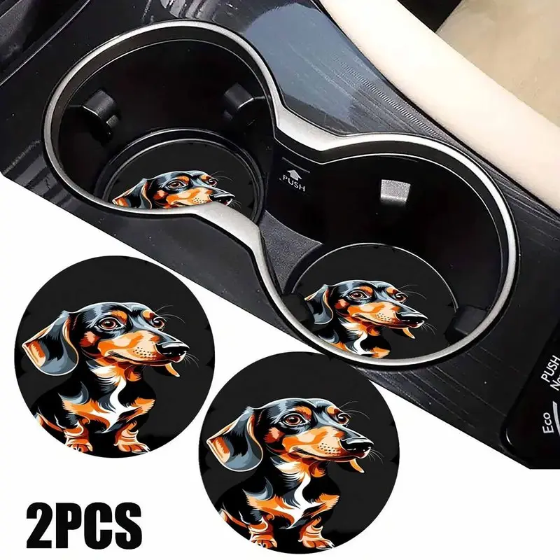 2pcs Adorable Dachshund Pup pattern car coasters, easy to clean coasters, Women's car interior decoration accessories, gifts for family and friends, home dining table coasters, absorbent and non-slip car cup holder coasters