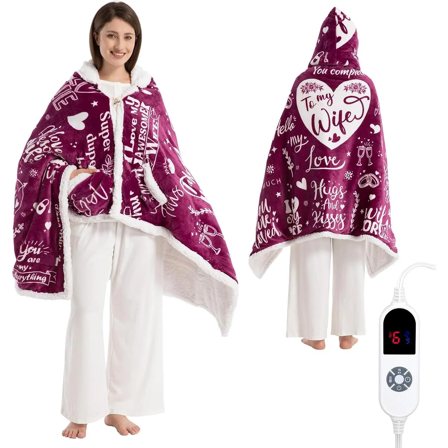 Wearable Heated Blanket Hoodie for Women, Valentines Day for Her Wife Women, Electric Throw Blanket, Heated Shawl Wraps Poncho,  Day Birthday Anniversary Day , To My Wife, Magenta