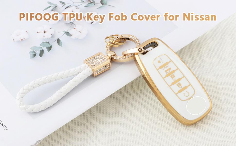 for Rogue Key Fob Cover 5 Buttons 2023 Pathfinder SL Platinum Car Key Case Shell Bling Keychain Lanyard Protector Protection Accessories Women Girly Cute White Gold TPU