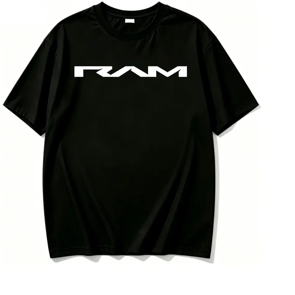 100% Cotton Minimal Black Stylized RAM Word Logo Simple Front Graphic T Shirt Clean Modern Brand Letter Design Lightweight Basic Cotton Short Sleeve Streetwear White Casual Tee