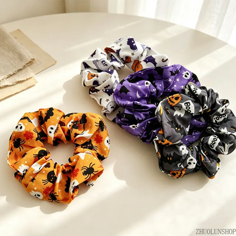 4Pcs/3pcs/1pcs Halloween Print Scrunchies, Pumpkin Ghost Bat Spider Pattern Elastic Hair Ties, Cute Fall Holiday Fabric Ponytail Holders, Women Party Hair Accessories