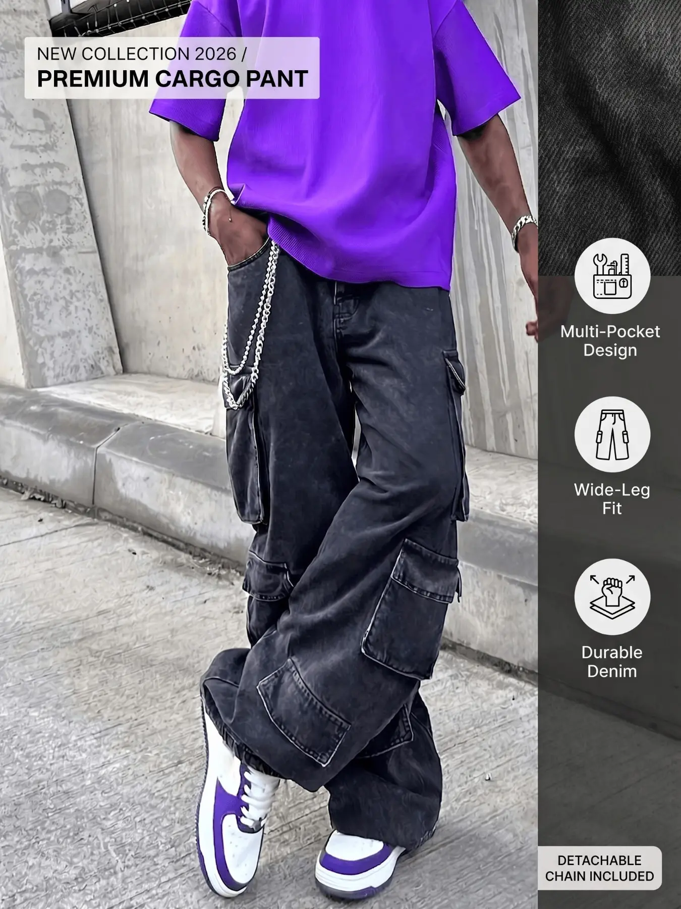 Men's Multi-Pocket Loose Fit Jeans, Y2K Hip-Hop Style Workwear, Grunge Jnco, Casual Street Fashion, All Seasons, Below the Knee