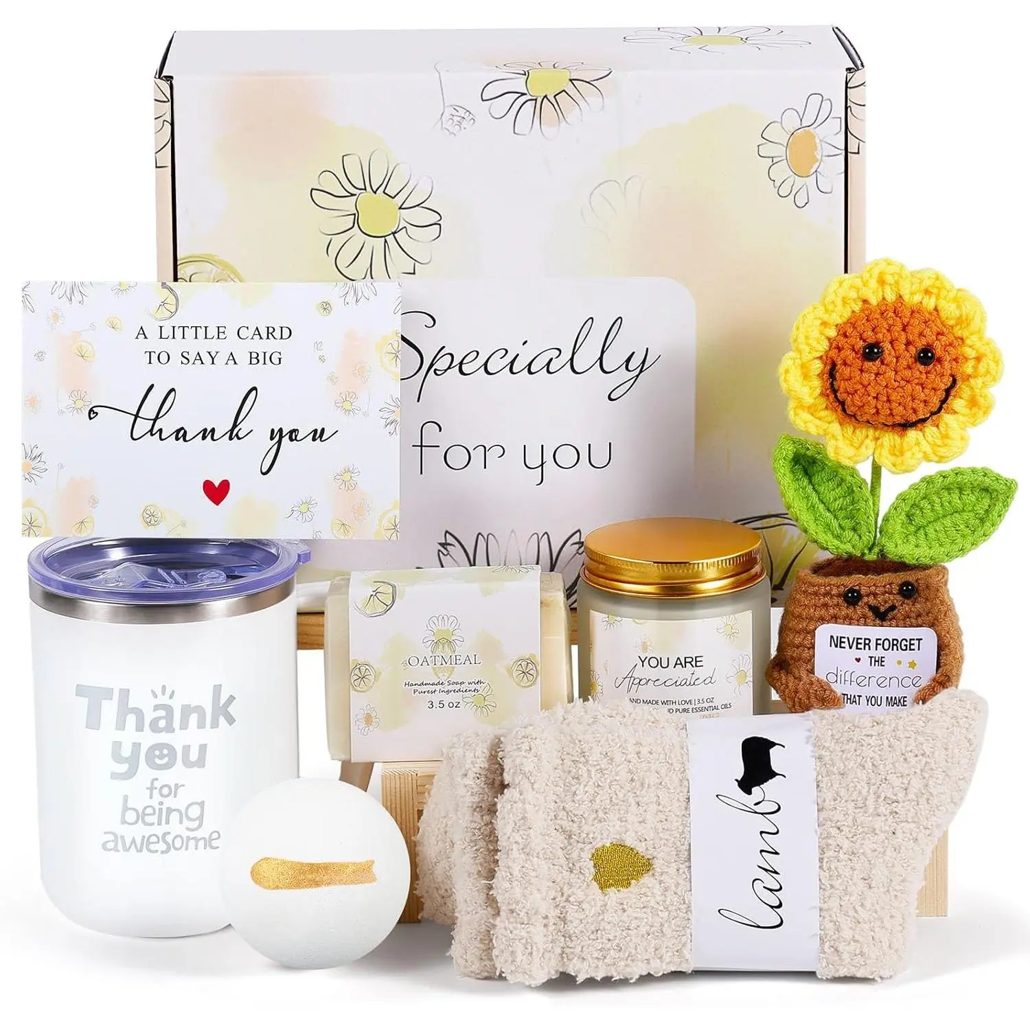 Thank You Gifts for Women,Employee Appreciation Gifts with 16oz Cup, Thank You Gift Baskets for Coworkers Boss Nurse Teacher and Mom with Positive Crochet Sunflower and Thank You Card