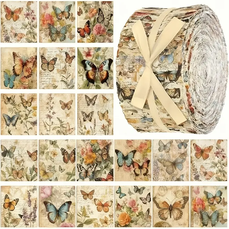 40-Piece Vintage Butterfly & Botanical Printed Fabric Bundle, 6.5x50cm Precut Quilting Fabric for DIY Crafts, Sewing Supplies, Quilting Projects