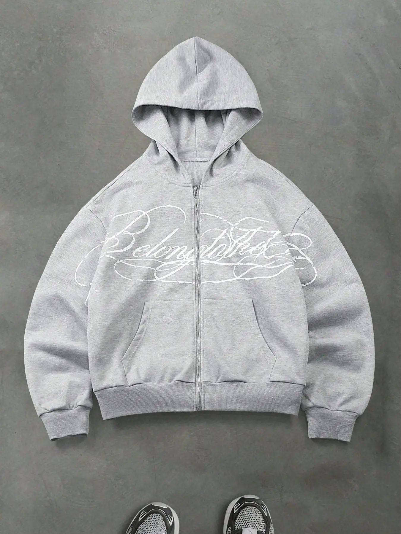 Men's Sweatshirt with Y2K Retro Script Print, Loose-Fit Hooded Zipper Kangaroo Pocket Design, Casual Long Sleeve, Comfortable Streetwear Jacket