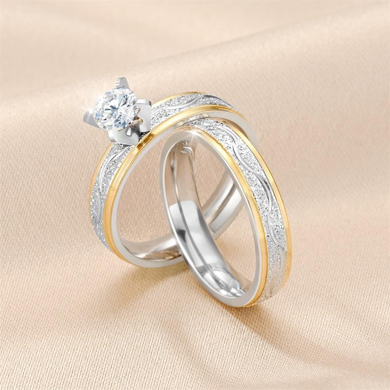 Two-Tone Gold Silver Couple Wedding Ring Set, Solitaire CZ Engagement Rings for Her & Him