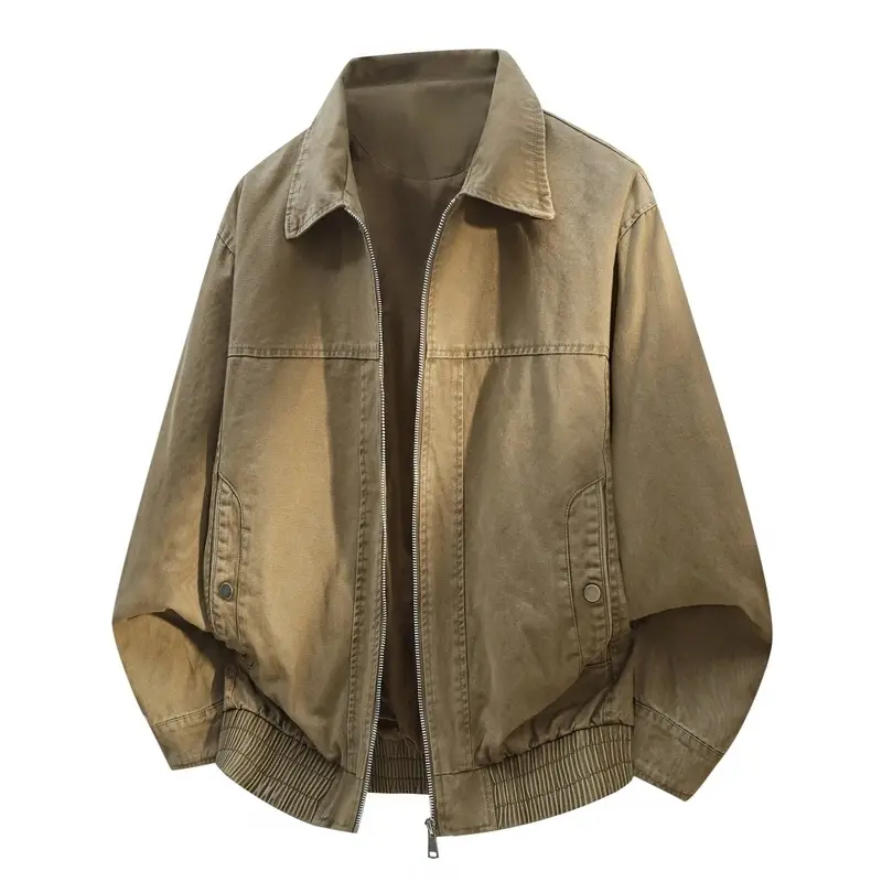 Men’s 100% Cotton Vintage Washed Collared Bomber Jacket for Autumn, zip front, side snap pockets, elastic ribbed hem, retro workwear outerwear for daily and street looks. # sohochic