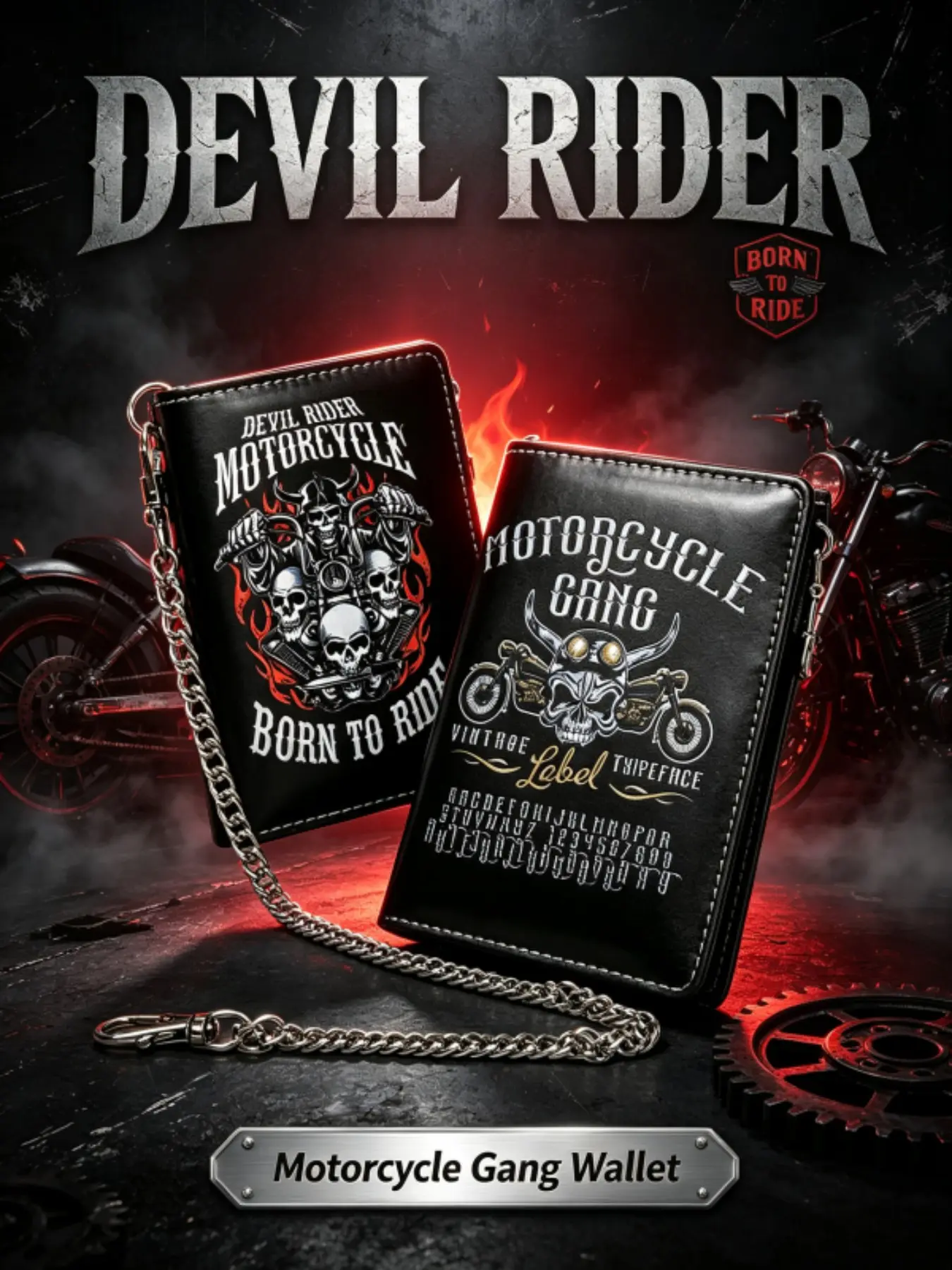 PU Leather Skull Chain Wallet for Men, Vintage Motorcycle Biker Anti Theft Chain Purse, Born To Ride Gothic Punk Card Holder Wallet Halloween/hallows Eve Gift