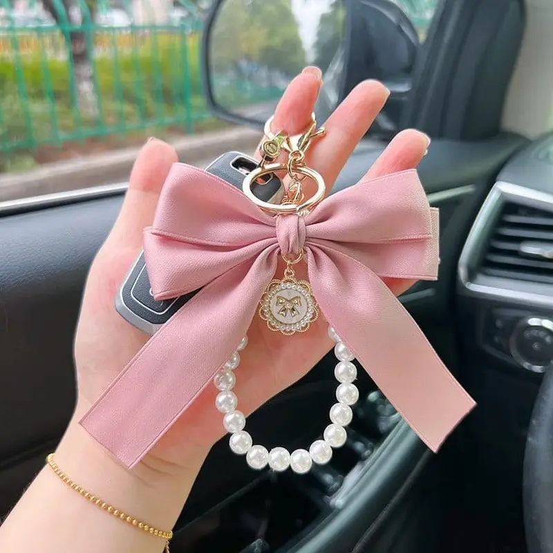 Women's Alloy Bow and Pearl Keychain Wristlet - Cute Key Chain Charms, Fabric Bow Bag Accessories, Car Key Ring for Prom