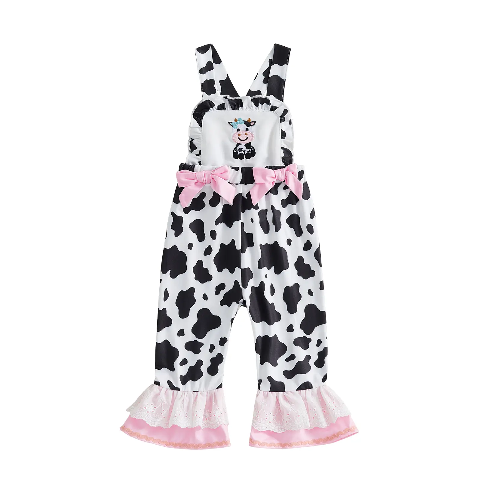Western  Outfit Toddler Girl Overalls Romper Sleeveless Cow Pattern Print Flared Overalls Cowgirl Bell Bottom Suspender Jumpsuit
