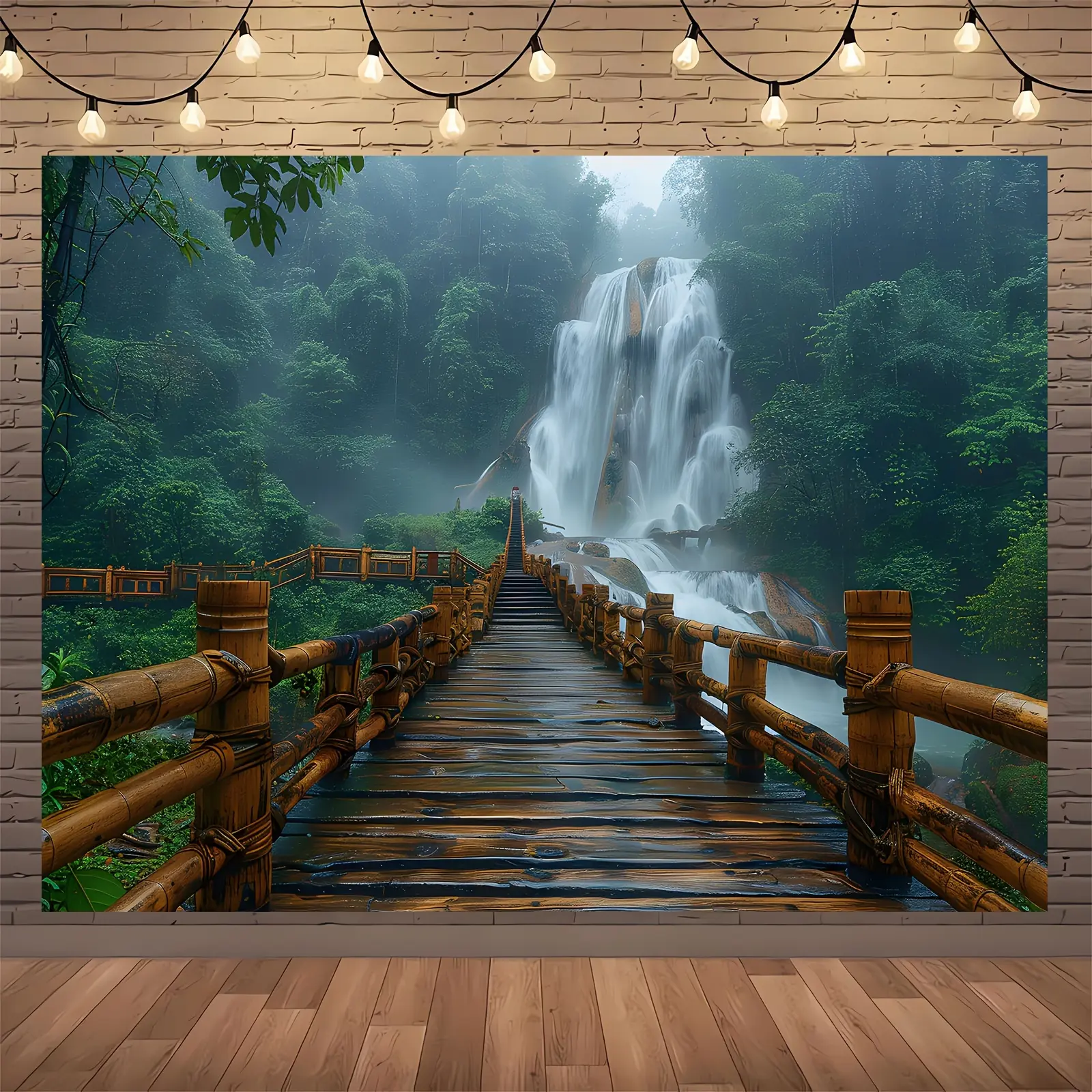 Polyester Vibrant Realistic Tropical Jungle Photography Backdrop - Waterfall, Misty Mountains, Suspension Bridge, Lush Greenery - Durable Studio Portrait, Outdoor Shooting Professional Backdrop, Durable Material