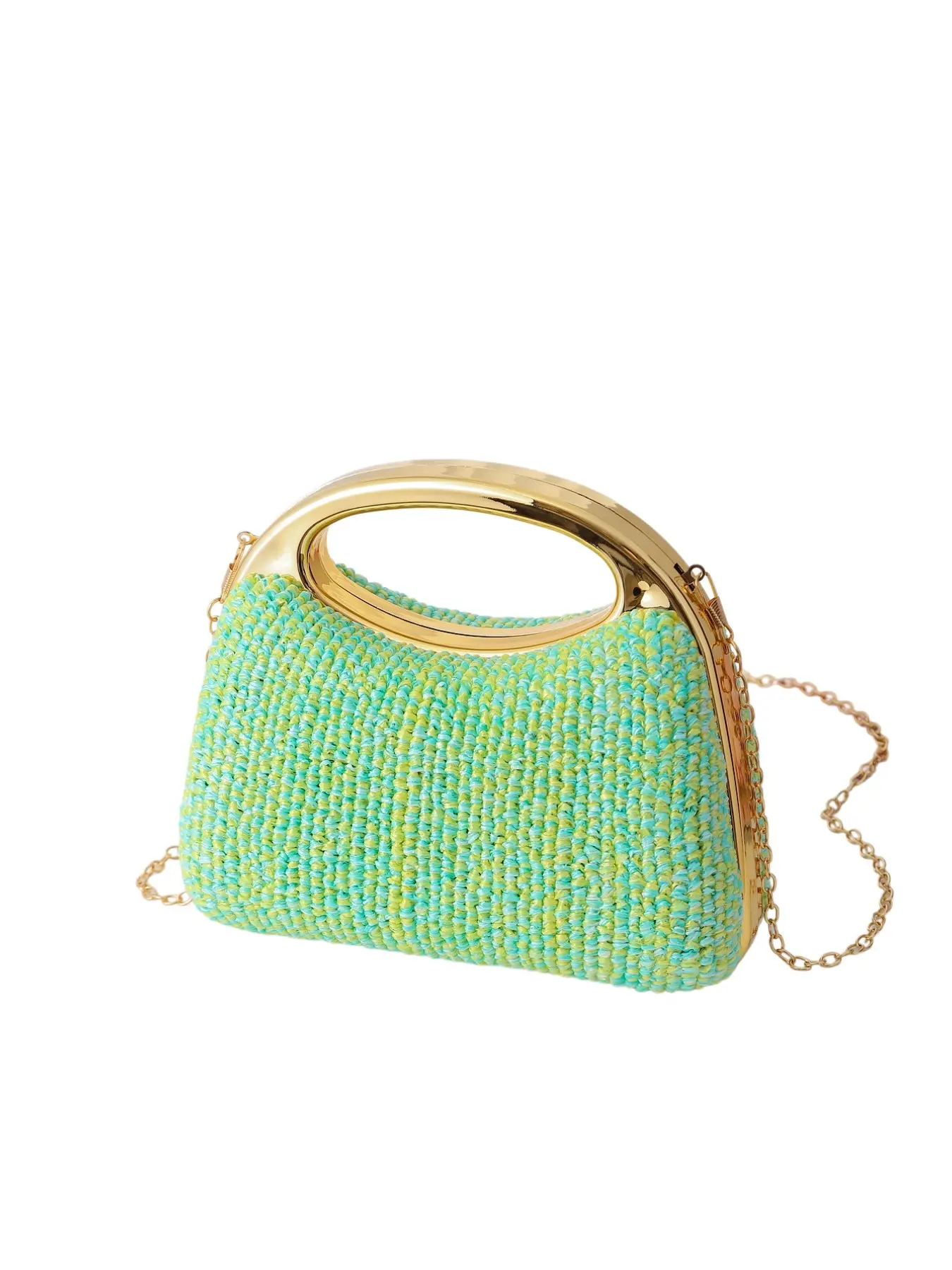 Macaron Green Yellow Mixed Color Woven Straw Hard Case Everyday Clutch Bag, Summer Beach Vacation Wedding Party Evening Purse for Women, Large Round Polished Gold Metal Ring Handle Detachable Thin Long Gold Chain Shoulder Crossbody Bag