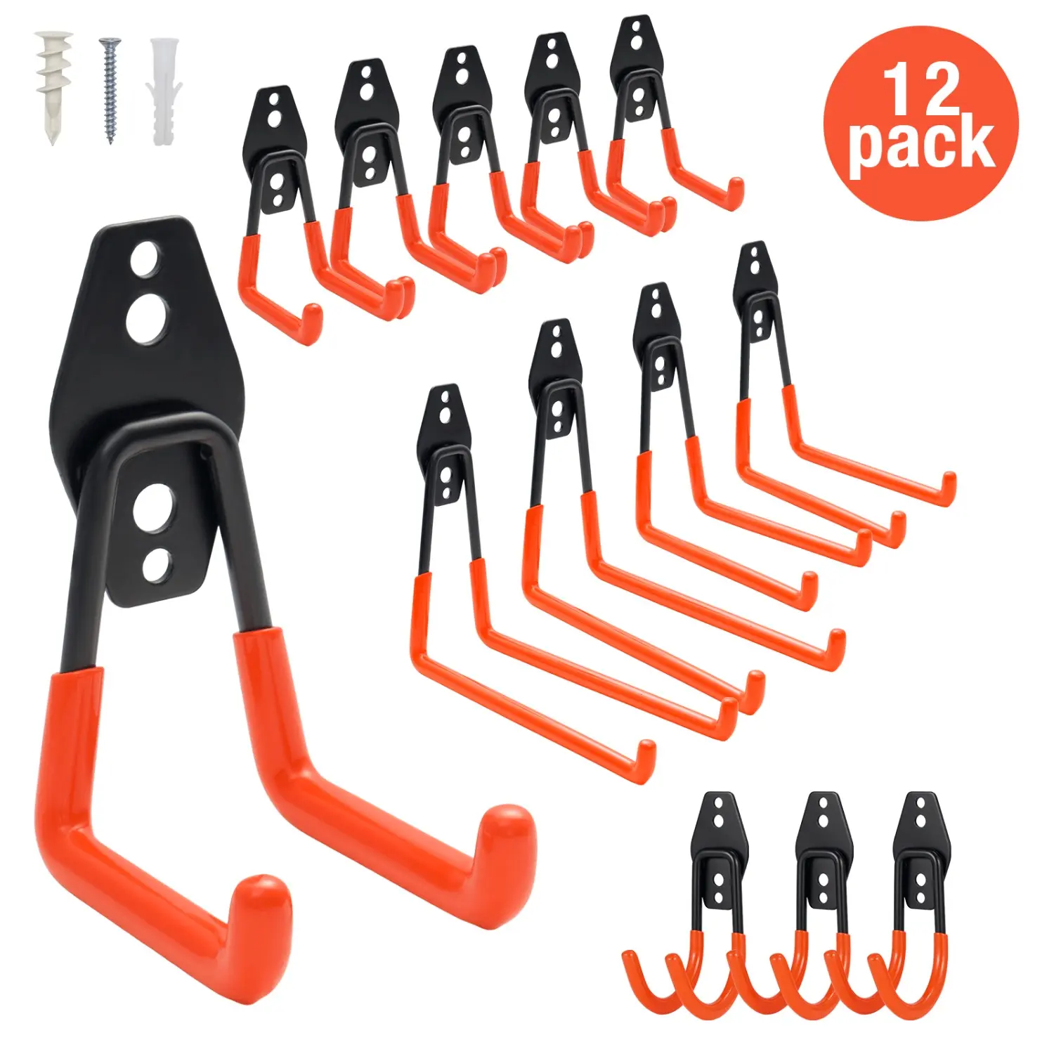 12Pcs Heavy Duty Garage Wall Hooks, Industrial Steel Wall Mount Storage Rack, 4 Assorted Sizes Dual Style Heavy Hooks, Ideal for Organizing Garden Tools, Sports Gear, Bicycles, Ladders and Garage Equipment