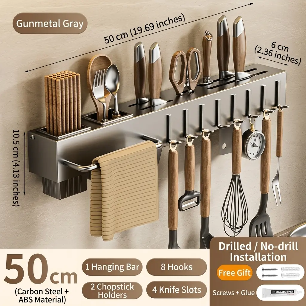 Wall Mounted Stainless Steel Kitchen Organizer for Camping - Utensil Rack, Knife Rack, Storage Caddy | Space-Saving Cupboard Accessory