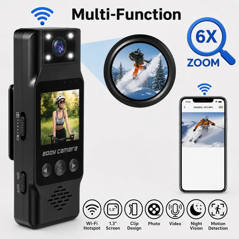 Action Camera HD Video Recording Camera, Portable WiFi Sports Cam with 1.3" LCD Screen, 180 Rotation Lens, Night Vision, Magnetic Back Clip for Outdoor Use, Portable Vlogging Camera, Portable Video Recorder
