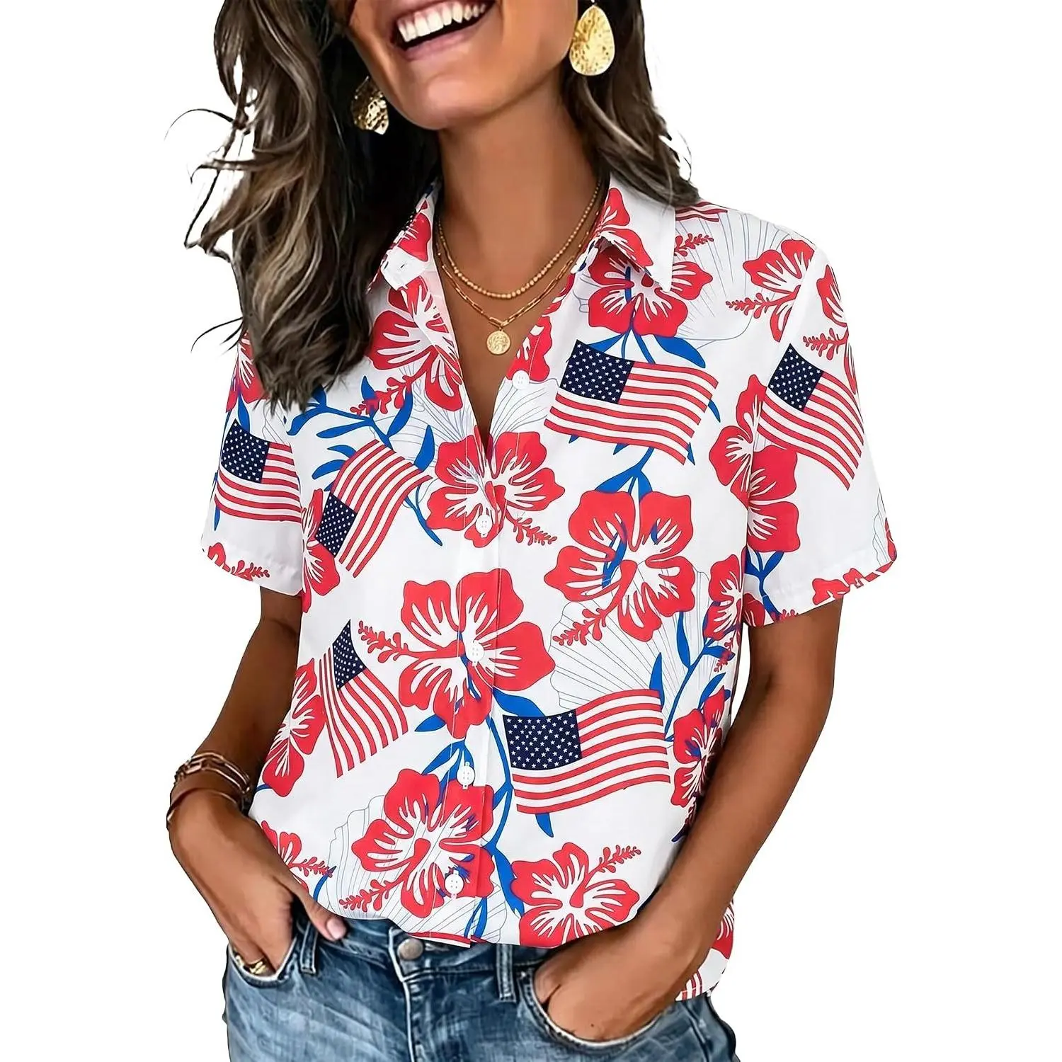 American Flag Shirt Women Patriotic Shirts 4th of July Tops USA Hawaii Floral Blouses Memorial Day Button Down Shirts