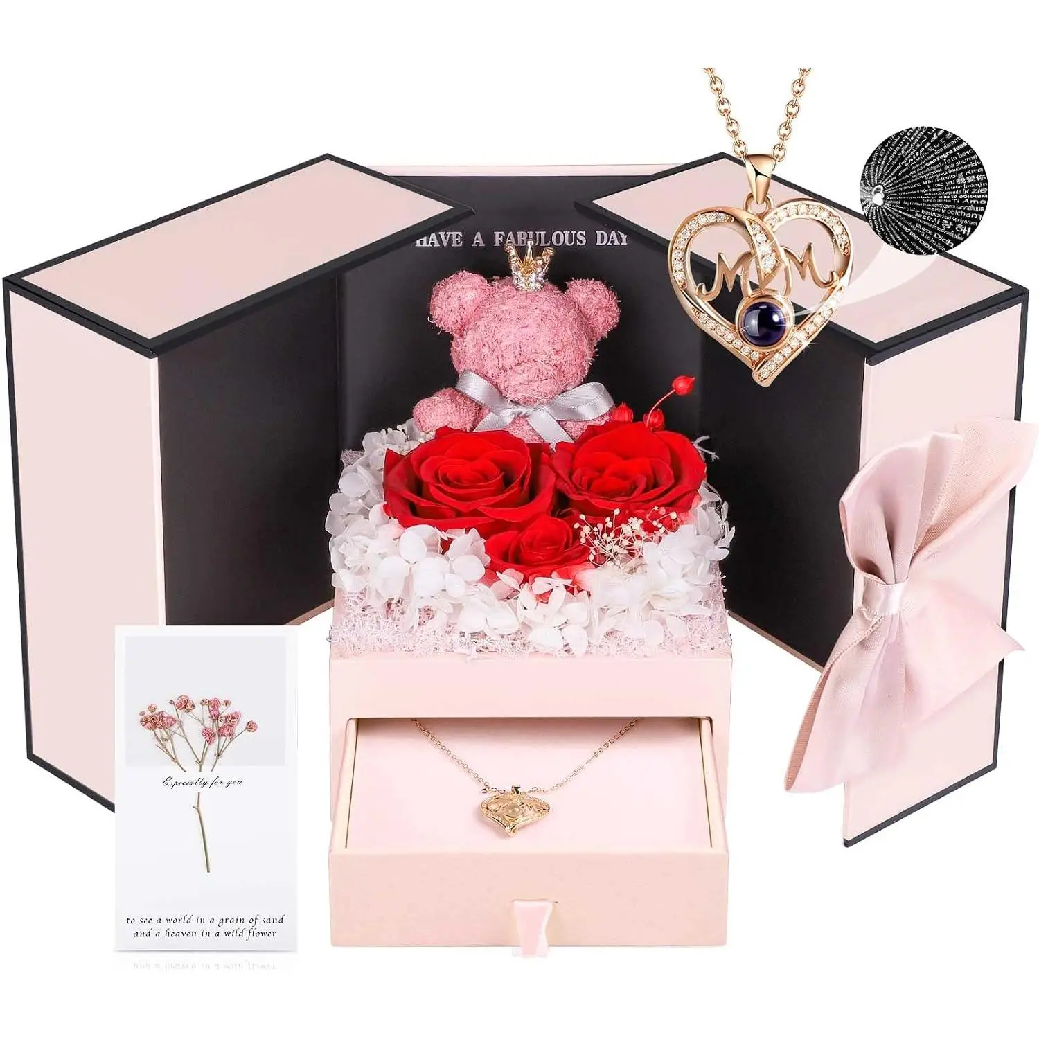 Gifts for Mom from Daughter Son, Preserved Real Rose with I Love You Necklace in 100 Languages  Set,  Birthday Gifts to My Mom