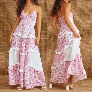 18ACTIVEKITWomen's casual summer lace patch dress fluffy short hanging lead smoked layered pleated edge dress