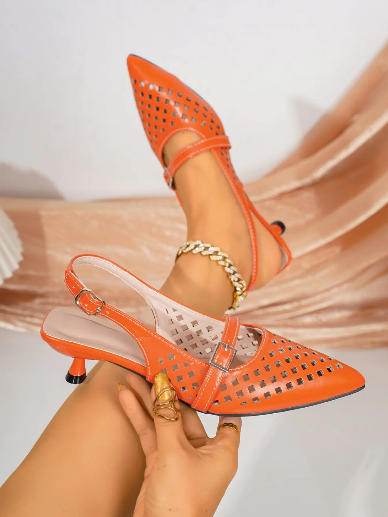 Women's White Patent Hollow Grid Cutout Pointed Toe Slingback Kitten Heel Pumps, Elegant Sandals, Slingback Sandals - Summer Office Casual Footwear