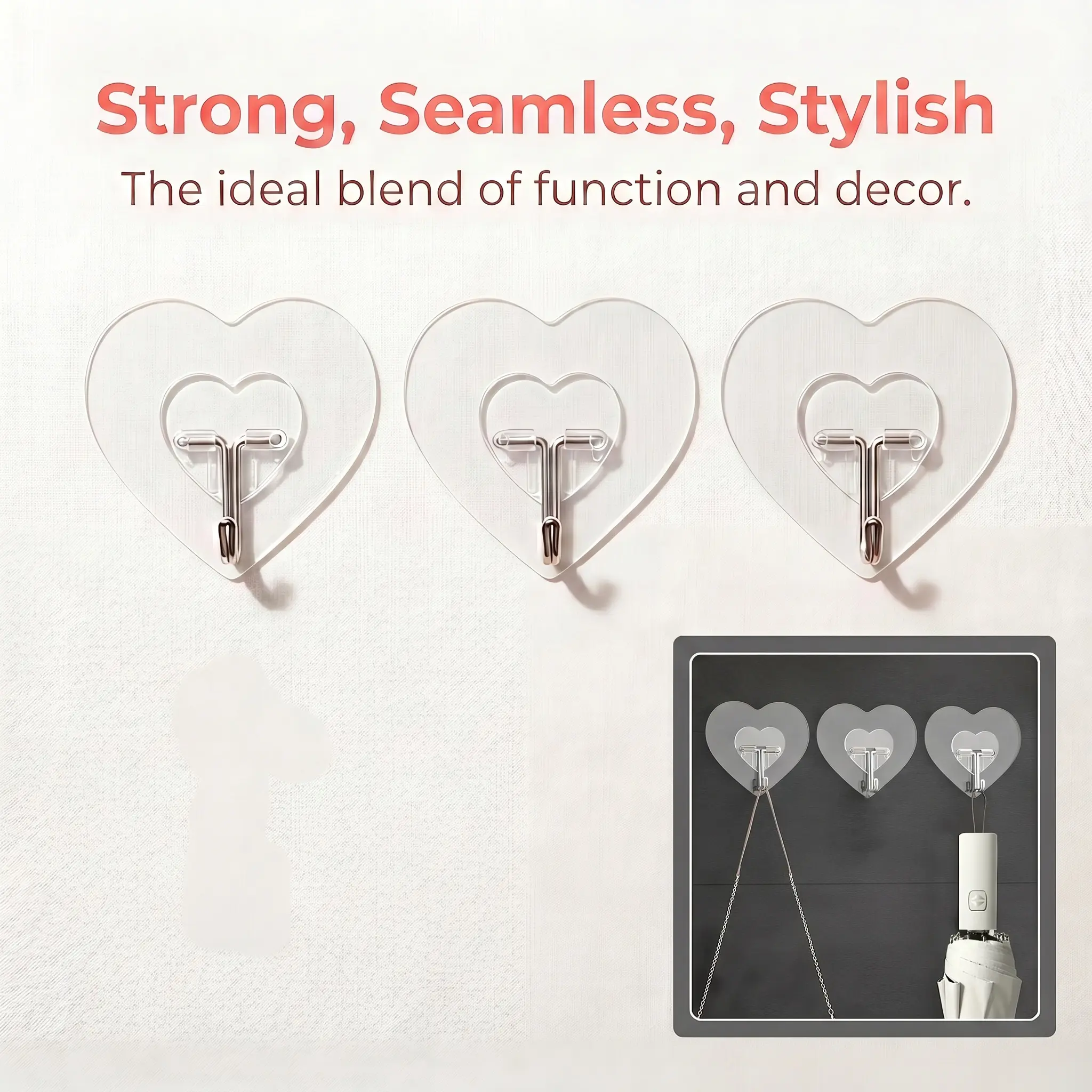 Heart Shaped Transparent Adhesive Hooks, Waterproof Oilproof 180° Swivel No Drill Wall Hangers, Heavy Duty Seamless Sticky Hooks For Bathroom Kitchen Entryway, Home Organization Decor Storage Accessories-YY0