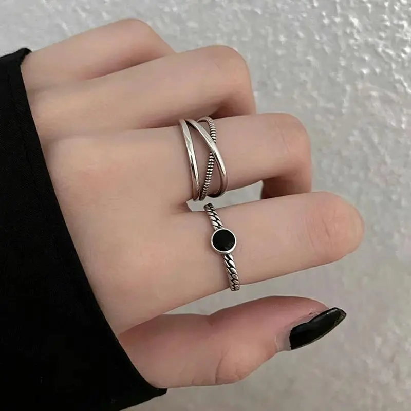 925 Sterling Silver Rings For Women New Black Stone Stackable Adjustable Ring Engagement Birthday Party Jewelry Gift