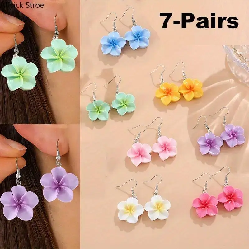 7 Pairs Bohemian Women's Colorful Flower Dangle Earrings Set - Vibrant Retro 3D Flower Handmade Candy Color Earrings Elegant Plumeria Earrings for Vacation & Casual Attire, Chic & Adorable Design Travel Beach Jewelry tiktokshopbacktoschool
