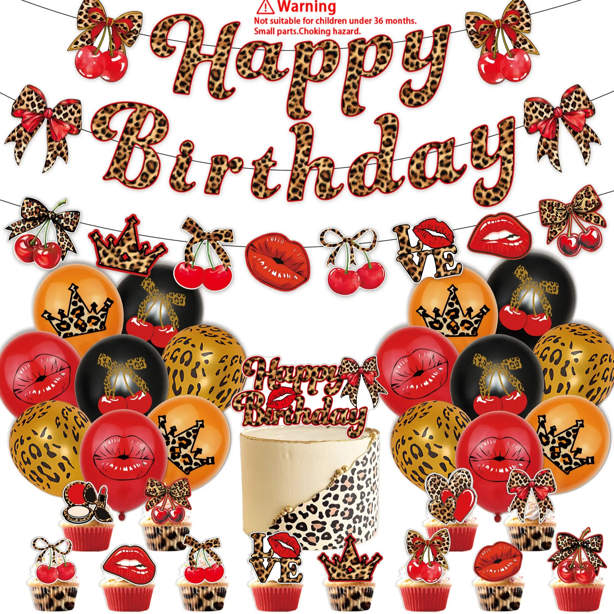 Cheetah Cherry Birthday Party Decoration Set, Happy Birthday Leopard Banner, Lipstick/Crown/Cherry Printed Balloons, Cake Toppers, Themed Party Decor Sulpplies for Girls Women Gifts (Cheetah Printed)