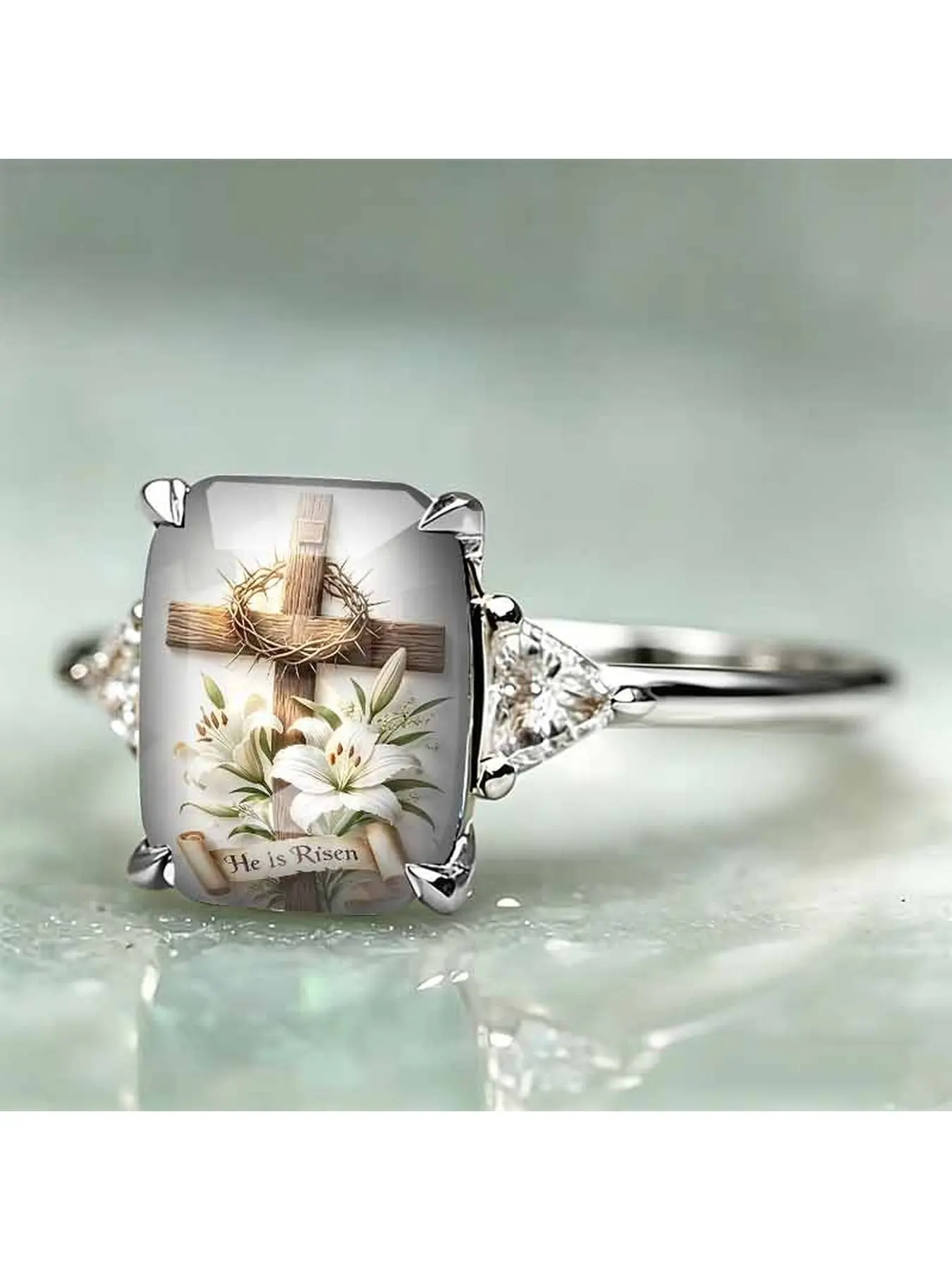 Cross thorn lily printed square ring, with the slogan "He is Risen". A Christian Easter-themed item, symbolizing redemption and new life. Retro and gentle in style, suitable for believers to wear and as a gift during festivals.