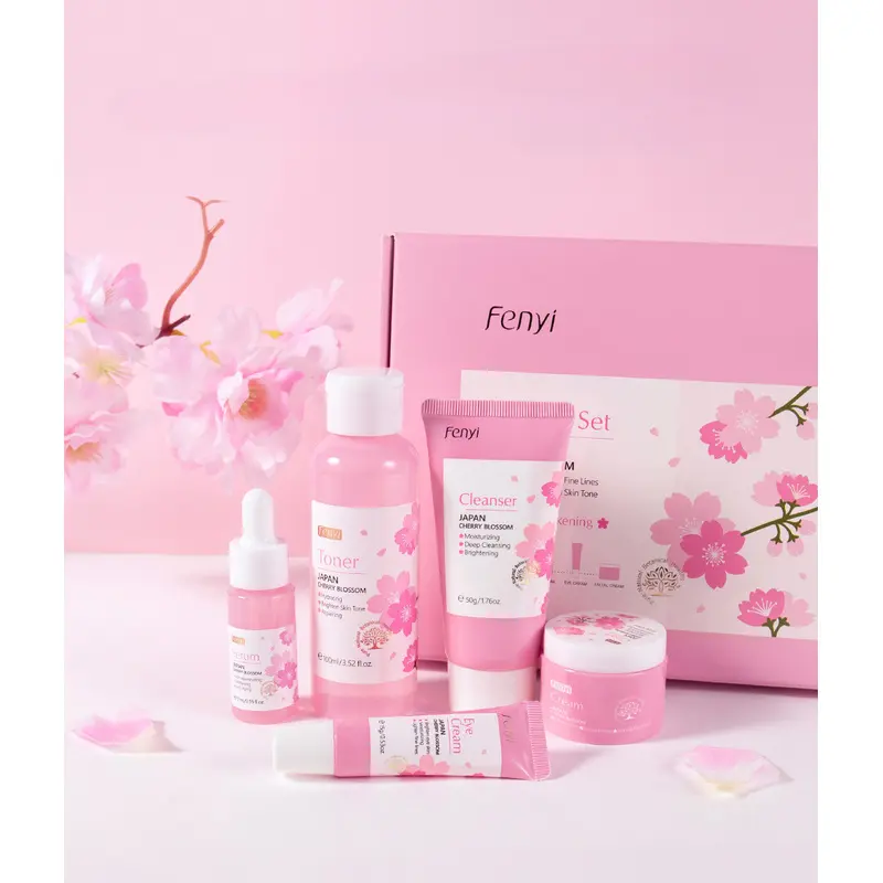 Wholesale Japan Cherry Blossom 5 Piece Skin Care Kit Brightening Boost Set Hydrating Anti Oxidation Facial Gift Set Travel Home Use Cleanser Toner Serum Lotion Cream For Girls