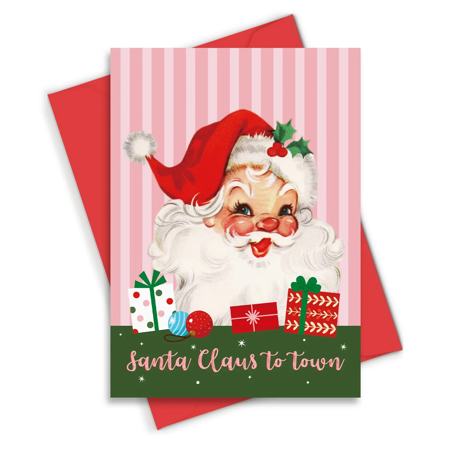 Vintage Christmas Card with Santa Claus, 5x7 Inch Light Holiday Greeting Card, Envelope, Holly Ornaments, Perfect Gift for Family
