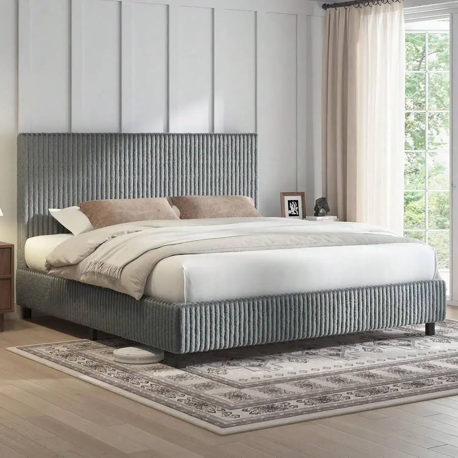 Contemporary Corduroy Upholstered Platform Bed Frame - Double/Queen/King Sizes, Gap-Free Thick Headboard, Fully Padded, Metal Slats & Support, No Box Spring Needed, Spot Clean, Assembly Required, Contemporary Bed
