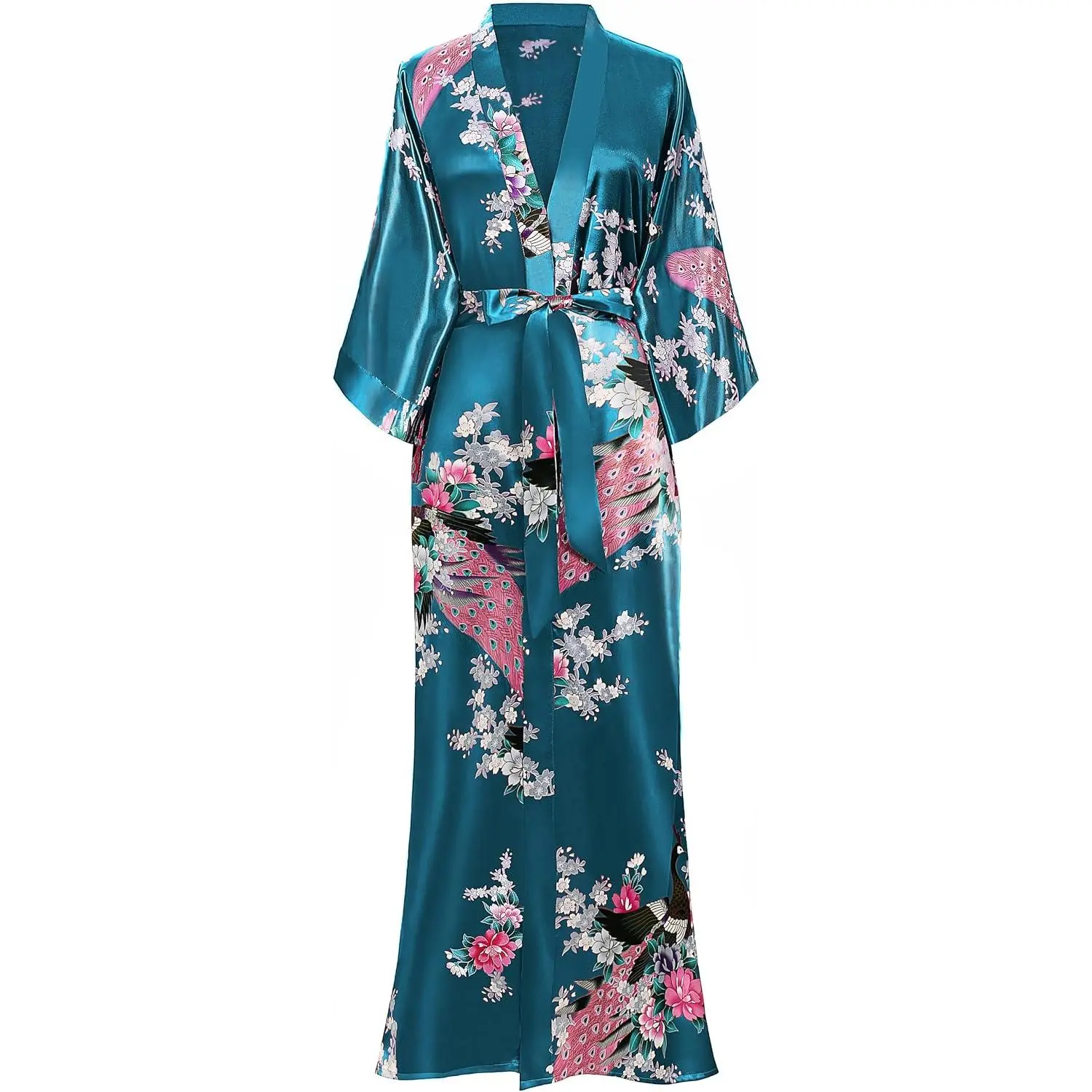 Women's Kimono Robe Long Satin Robes with Peacock and Blossoms Printed Kimono Nightgown