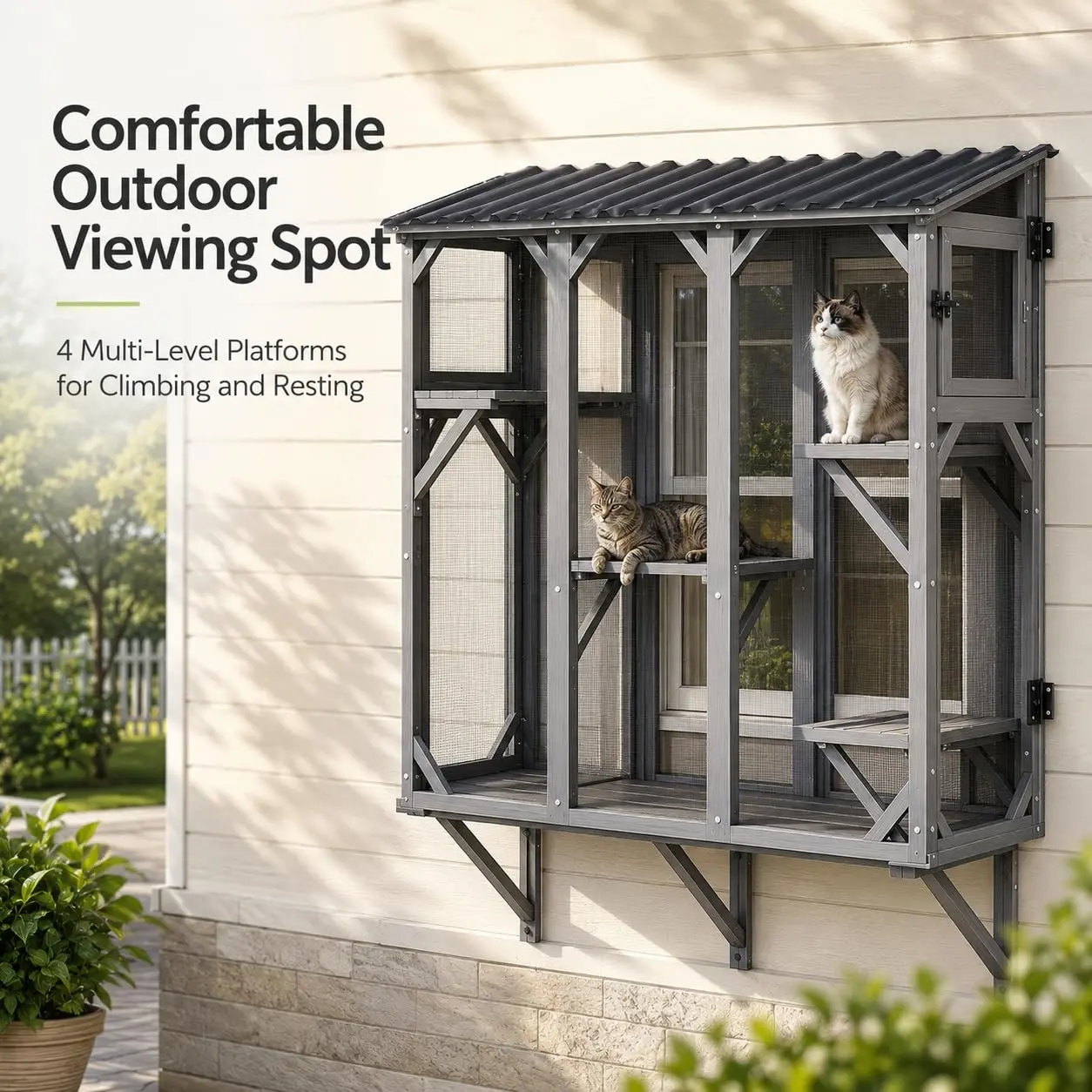 68-Inch Outdoor Cat Catio Enclosure - Single Unit Wood Frame Wall-Mounted Cedar Outdoor Lounge, 4 Multi-Level Platforms, Weather-Resistant Sloped Roof, Rust-Proof UV-Resistant Steel Mesh for Backyard, Porch