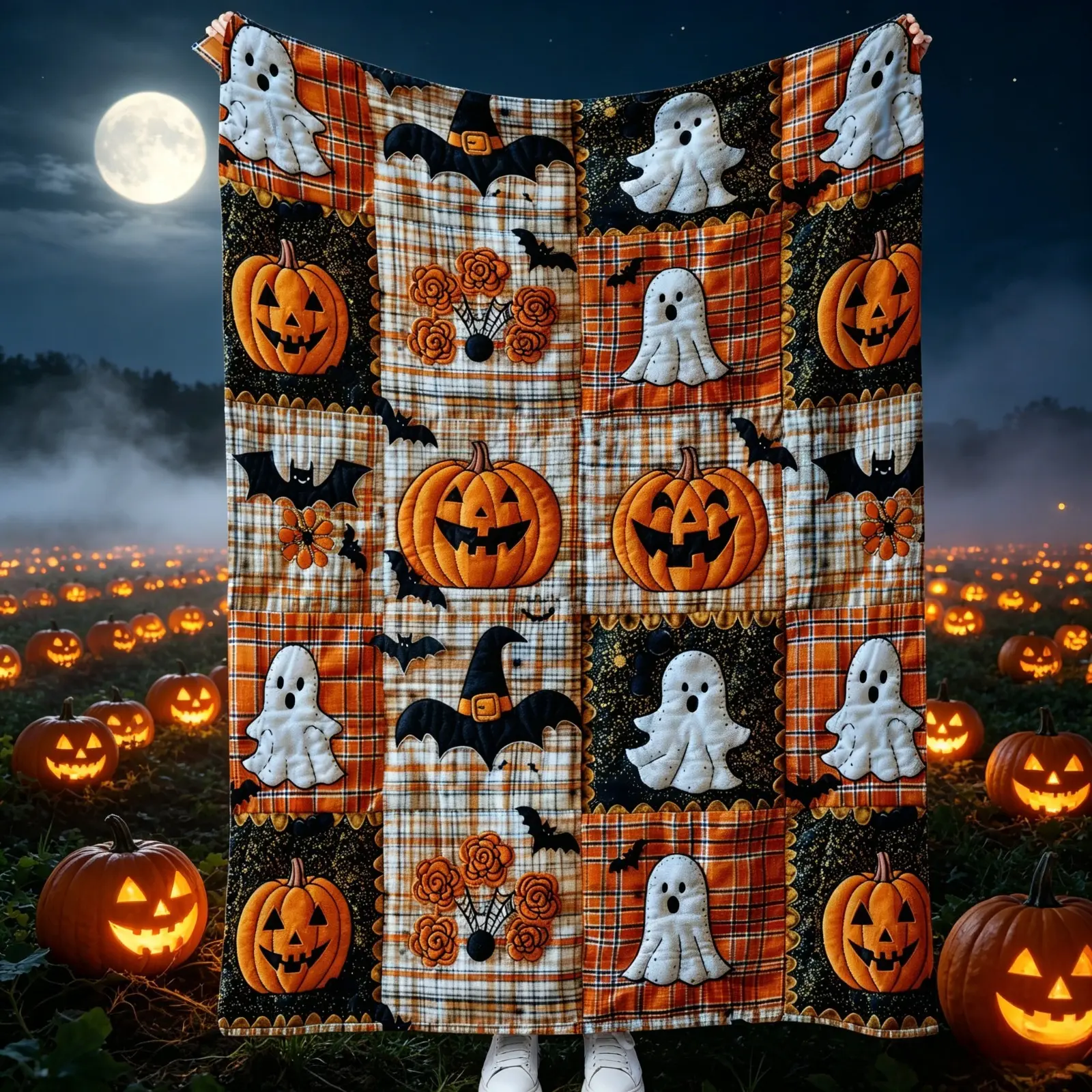 Halloween Pumpkin Ghost Bat Patchwork Flannel Blanket, Plaid Quilted Fleece Throw Blanket with Cute Spooky Fall Print, Soft Cozy AC Blanket for Kids & Adults, Warm Lightweight Blanket for Sofa Bed Farmhouse Decor Holiday Gift