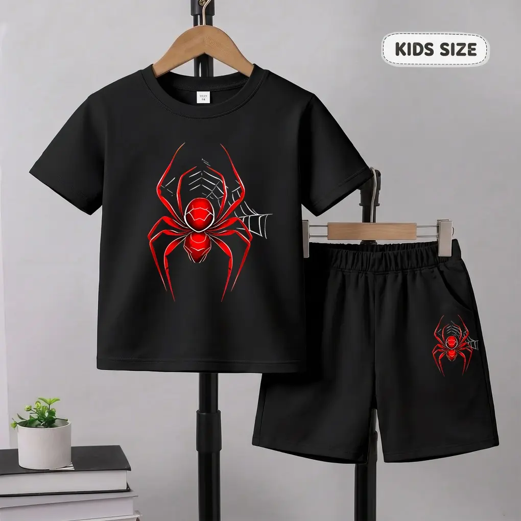 Boys' Cartoon Spider 2-Piece Clothing Set, All Over Print T-Shirt & Shorts in Soft Breathable Fabric, Casual Summer Outfit for Outdoor Play, Boys Clothing, Kids Clothing Boys