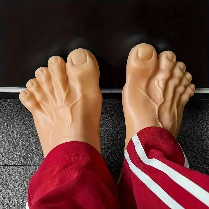 Realistic Funny Prank Big Foot Slippers, Lifelike Skin Tone Fake Barefoot Slides, Light Novelty Costume Shoes, April Fools Halloween Props, Cool Slippers