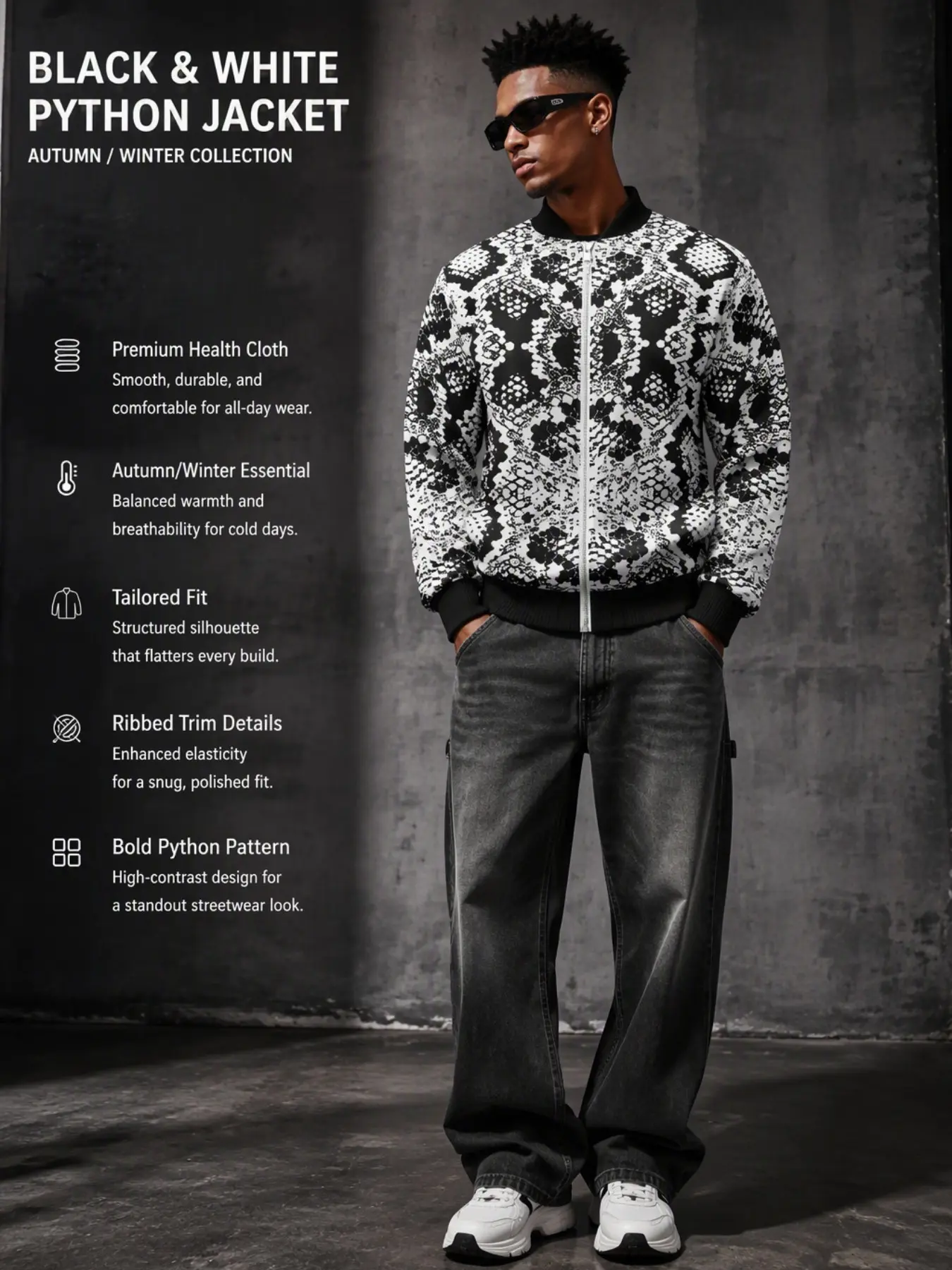 Men's Casual Snake Skin Print Zipper Jacket, Pattern Sports Coat, Lightweight Fall Winter Outerwear, Fashionable Daily Wear