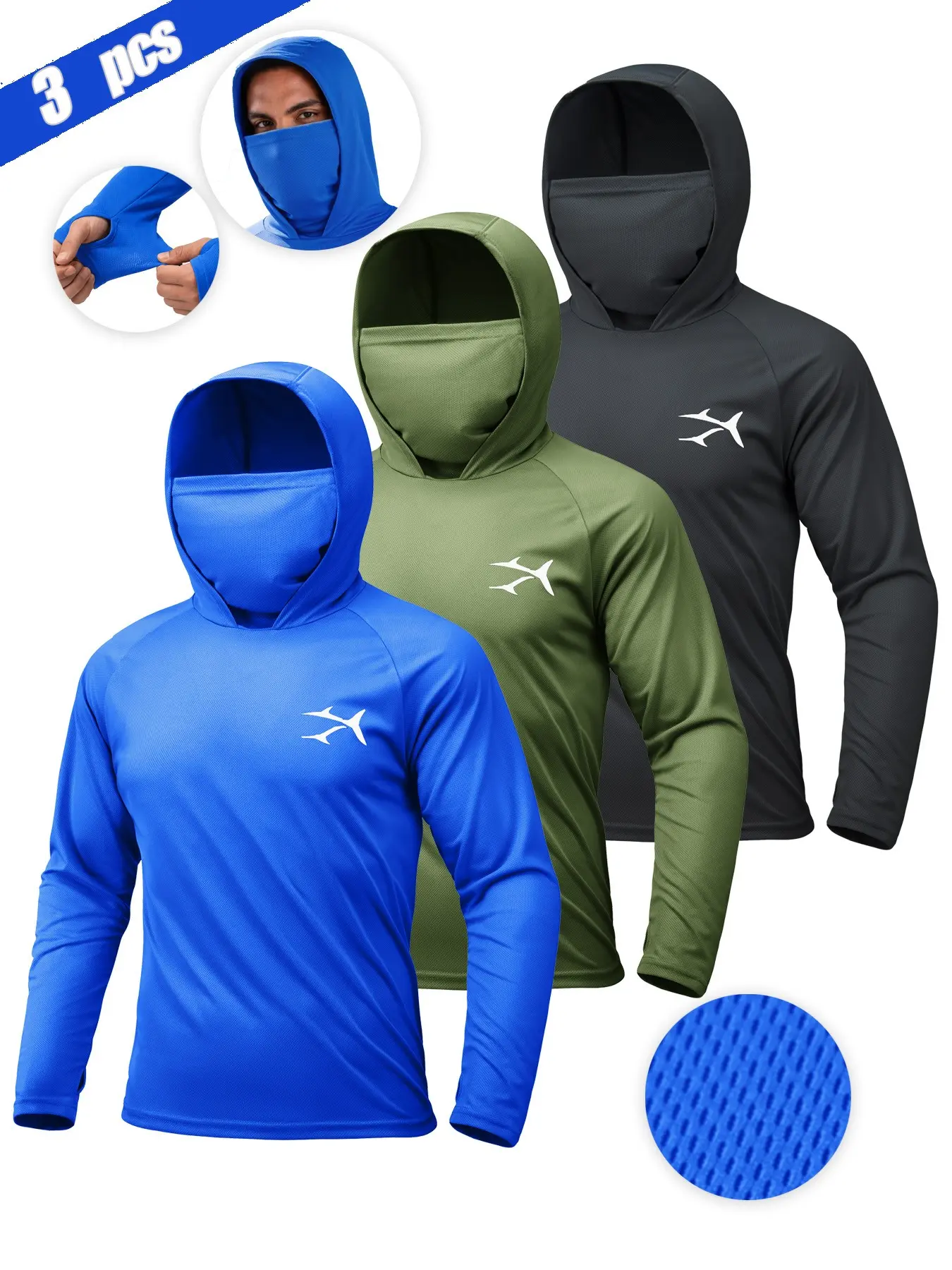 3-Pack Men's Outdoor UV Protection Fishing Shirt, Hooded Long Sleeve Quick-Dry T-Shirt, Breathable Sportswear for Camping, Hiking, Beach