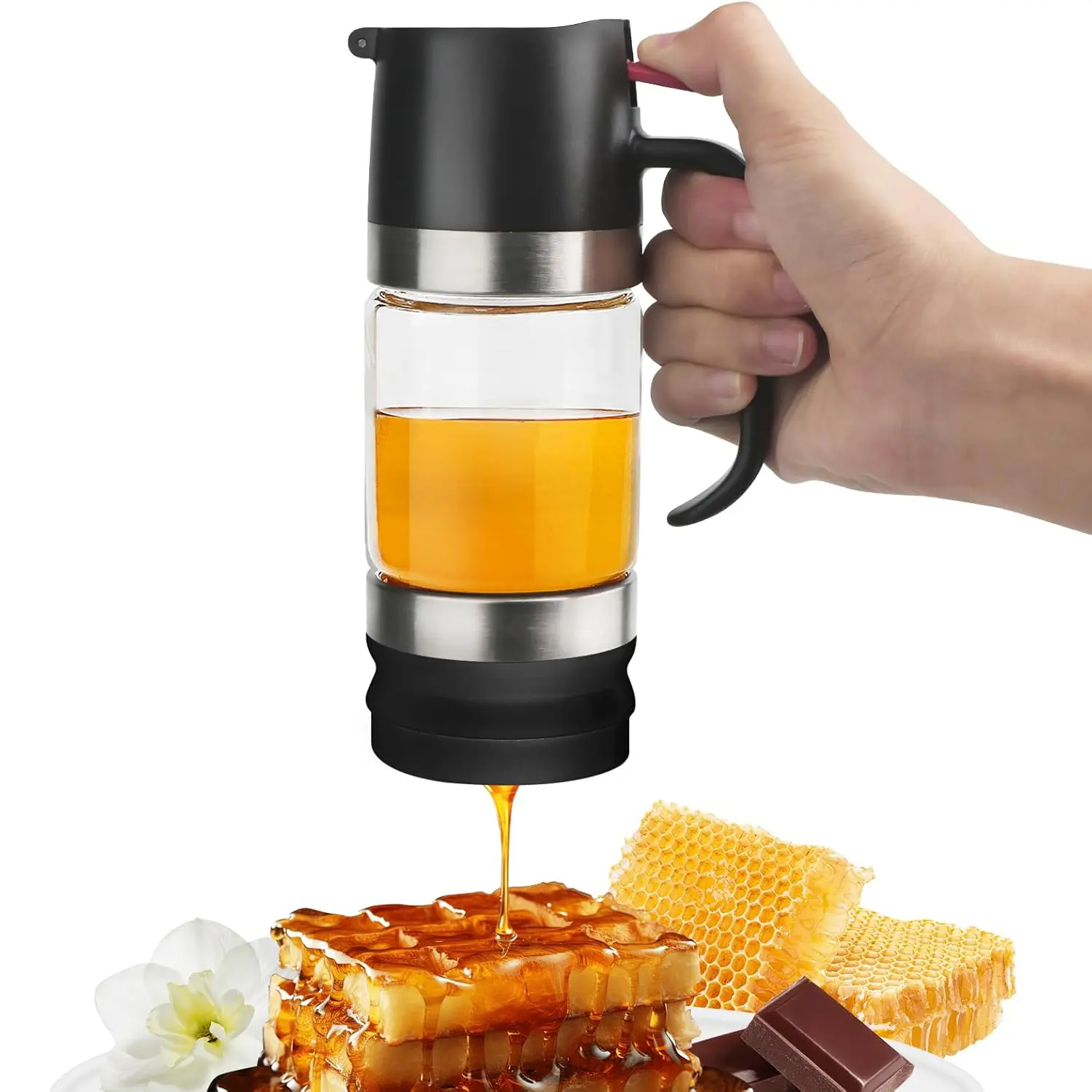Honey Dispenser No Drip with Base | Glass Honey Jar pot with Handle | Syrup Dispenser for Coffee or Tea | Mess Free Honey Dispenser for Honey and Syrup | 12OZ Capacity