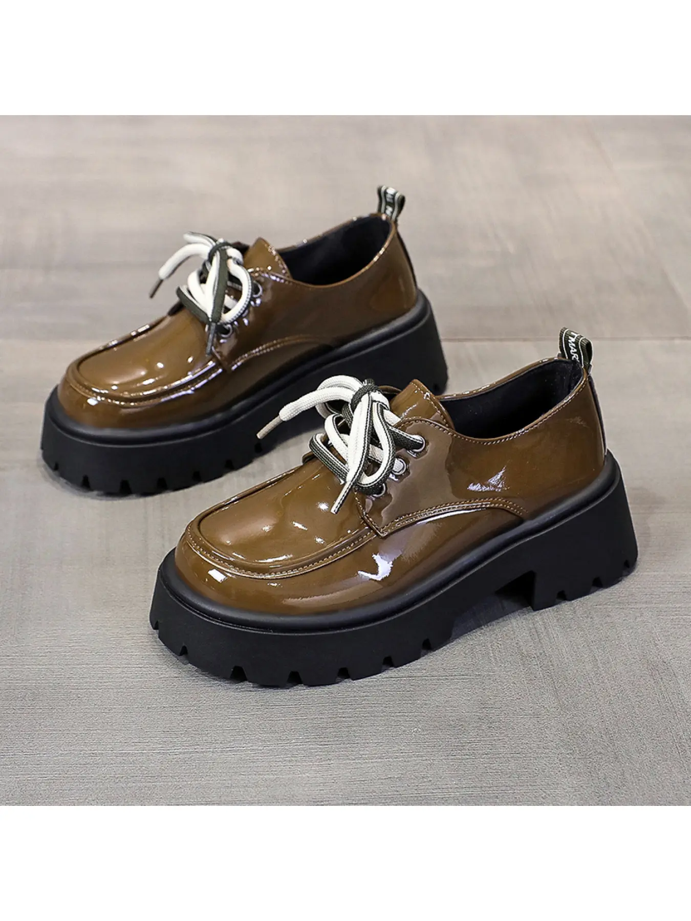 Women's Black Patent Leather Platform Oxfords, Black White Contrast Lace Up Thick Lug Sole Loafers, Preppy JK School Uniform Goth Daily Dress Shoes for Ladies