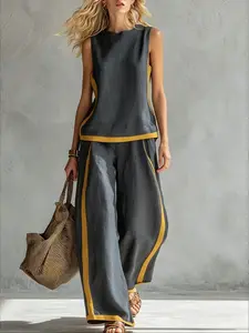 French Casual Two-Piece Suit Set for Women, Summer Round Neck Sleeveless Top with Colorblock Trim, High-Waisted Wide Leg Pants, Vacation