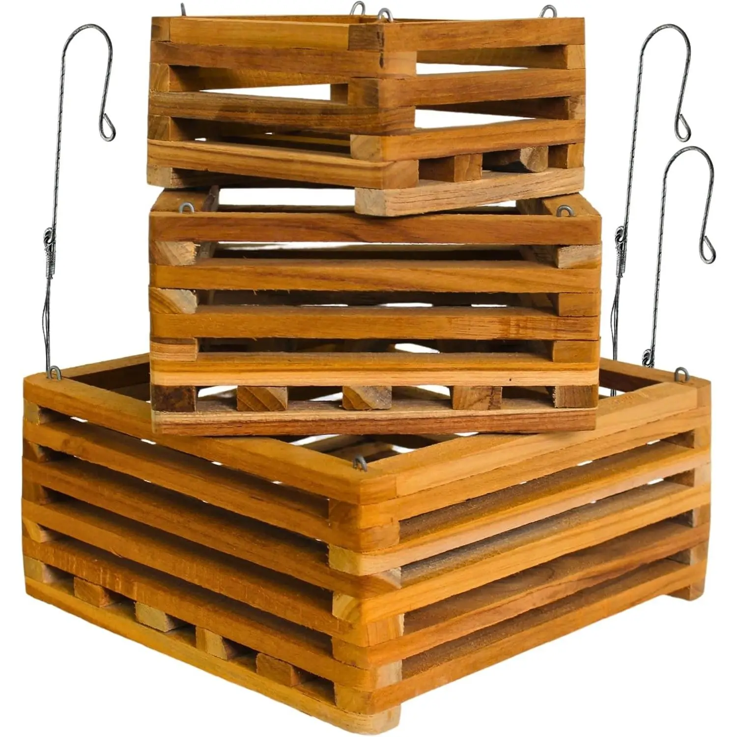 Set of 3 Strong Wooden Orchid Baskets with Hangers, Vanda Baskets for Outside