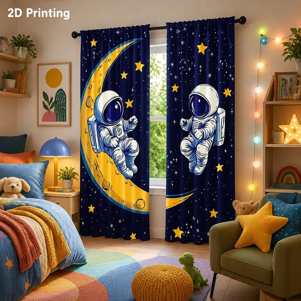 2-piece Astronaut Starry Sky Curtains, Semi-transparent Polyester Fabric, Rod Pocket Design, Easy Install Curtain, Suitable for Home Decor, Preferred Choice for Children's Aviation Enthusiasts, Window Curtains