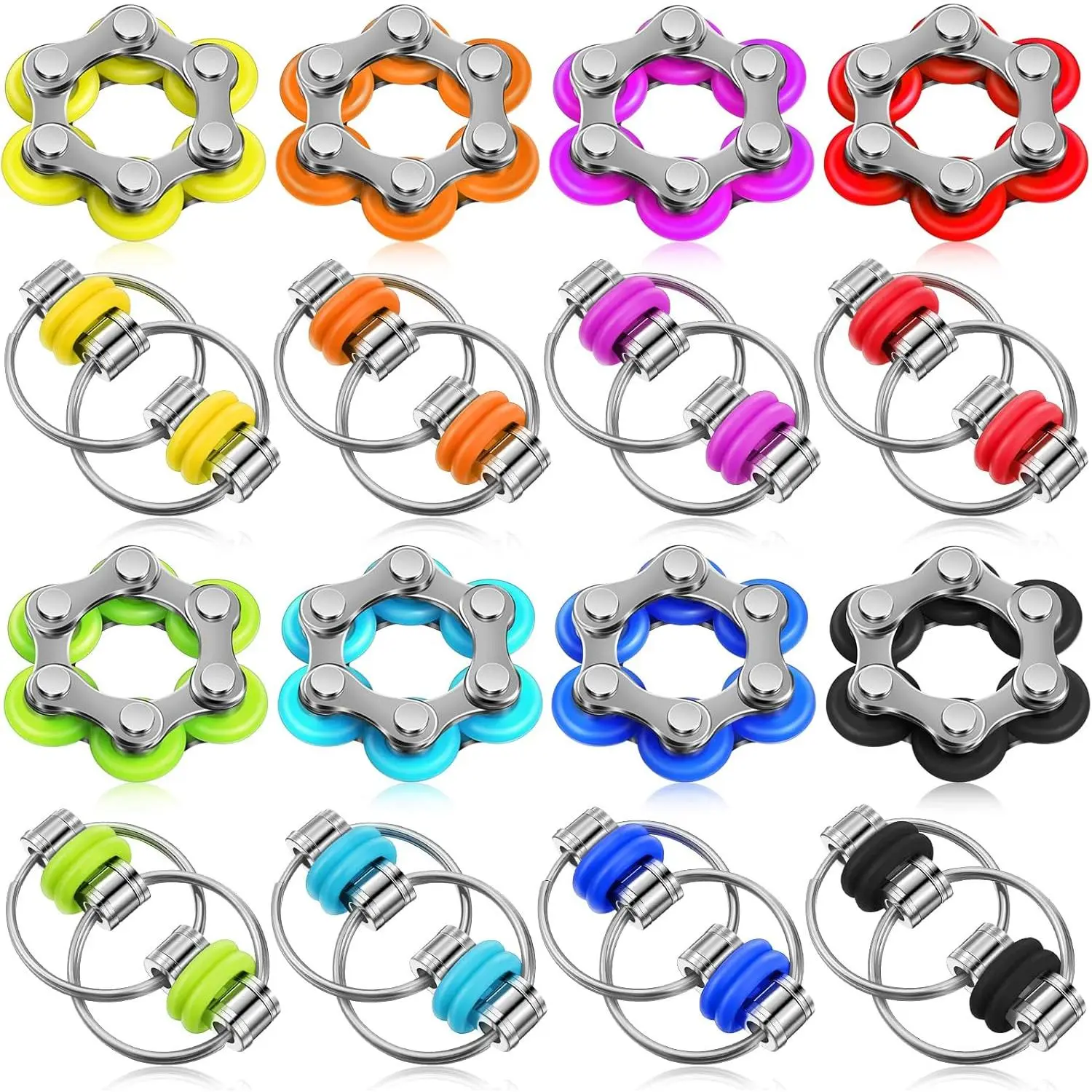 16 Pcs Fidget Toys Set Include 8 Six Roller Chain and 8 Key Flippy Chain Stress Reducer Anxiety Relief Bike Toys for Teens Adults ADHD, Add, Autism (Bright)fidget toys