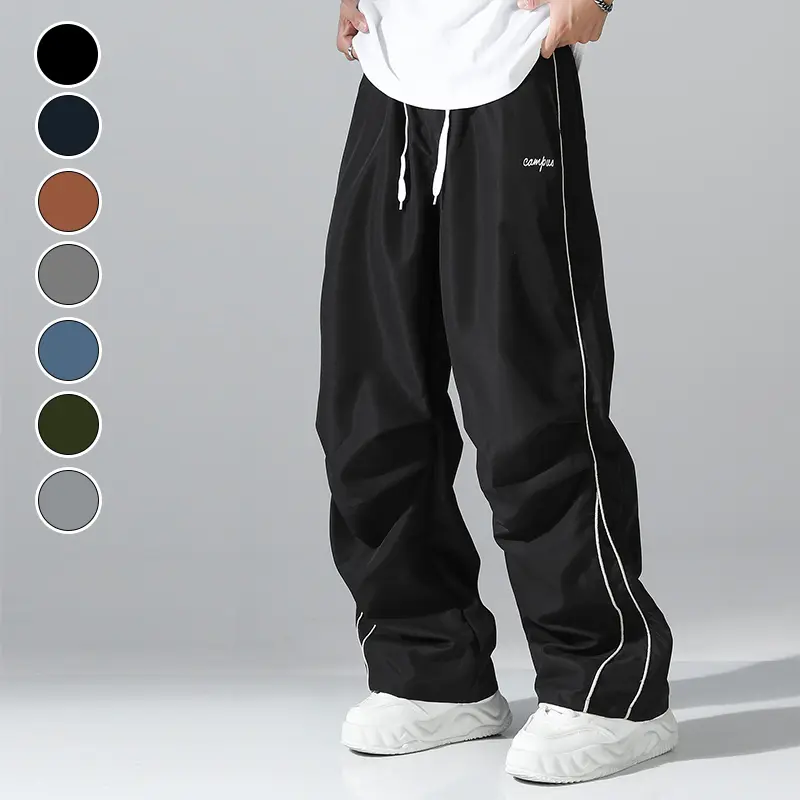 Men's Double White Side Line Wrinkle Wide Leg Quick Dry Parachute Pants, Dual Drawstring High Waist Draped Floor Straight Pants, Light Ice Silk Breathable Street Casual Athletic Pants With Chest Embroidery, 7 Colors Optional