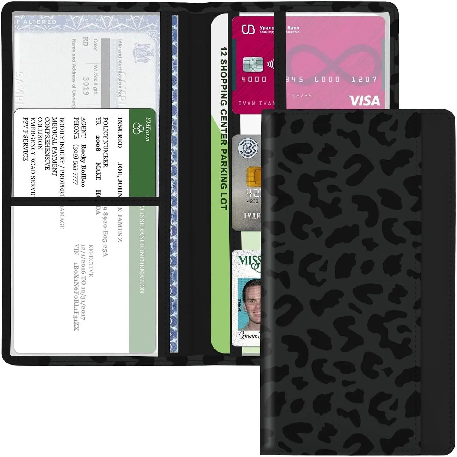Car Registration and Insurance Holder, with Magnetic Closure for License, Cards and Documents, All Vehicle Needs and Car Accessories (Leopard-Black)Gift.