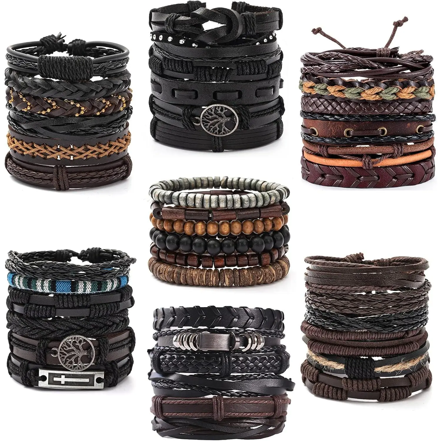 42 count Braided Leather Bracelets for Men Women Wrap  Beads Cuff Bracelet  Cords Ethnic Tribal  Wrap Wristband Bracelets Set Adjustable