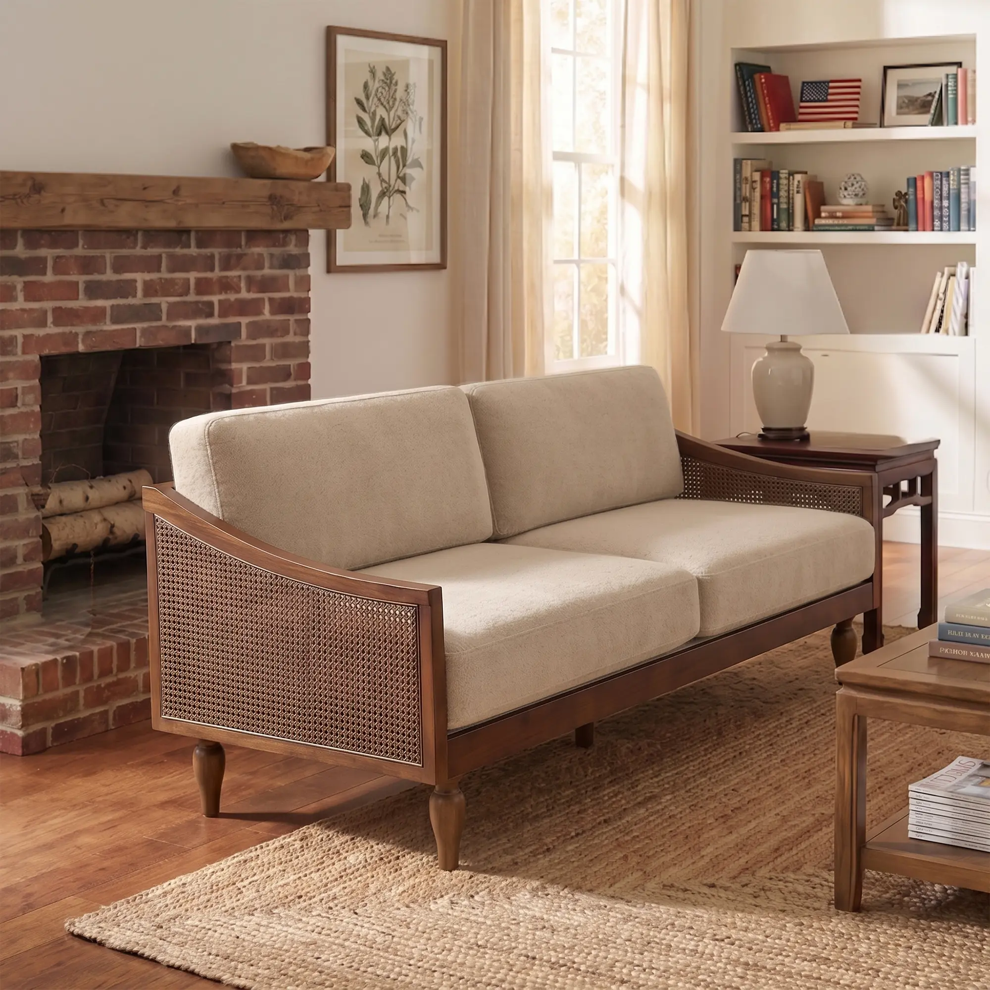 ARCH Mid-Century 3-Seater Soft Cushion Couch, Chenille Upholstery, Rattan Arms, Rubber Wood Legs, Rolled Arms, Foam-Filled, 70.9" Wide Light Brown Indoor Sofa for Living Room, Apartment
